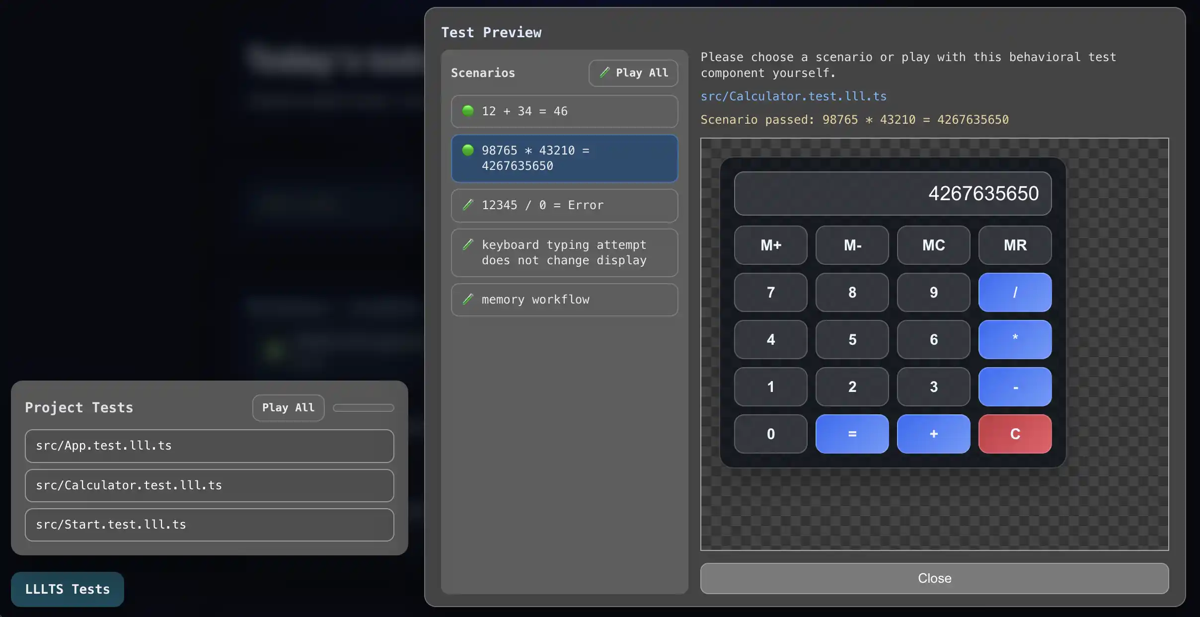 Behavioral test preview showing calculator scenarios and a calculator UI under test.